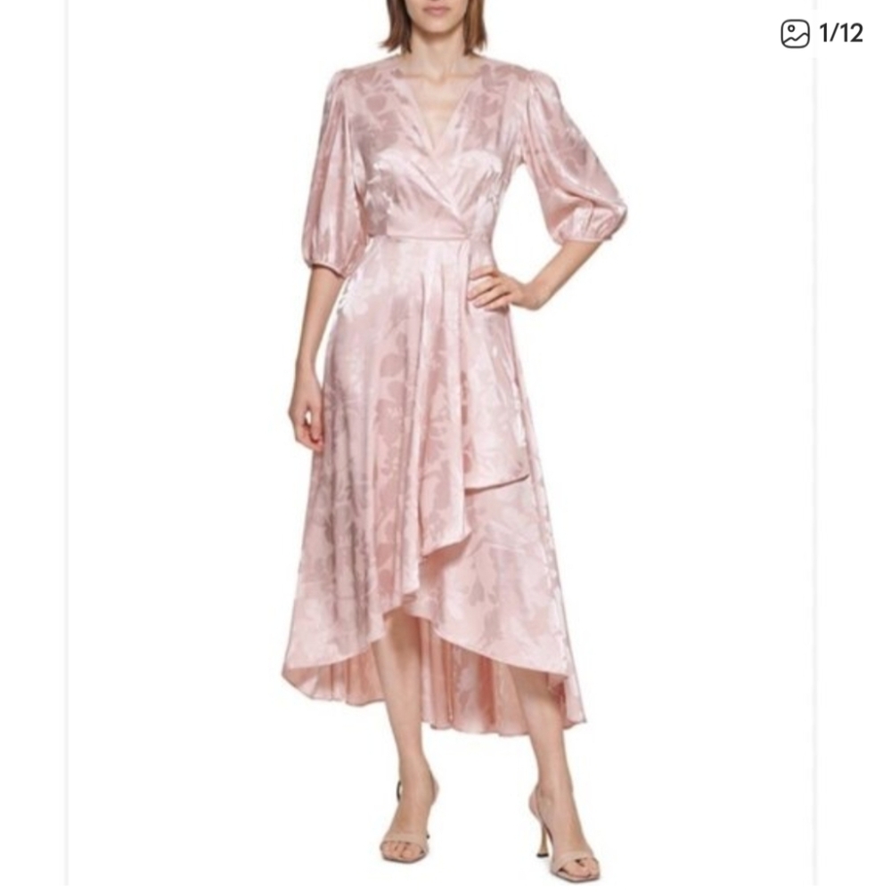 Calvin Klein Blush Puff Sleeve Faux Wrap Vintage Glamour Dress in Women's 12
